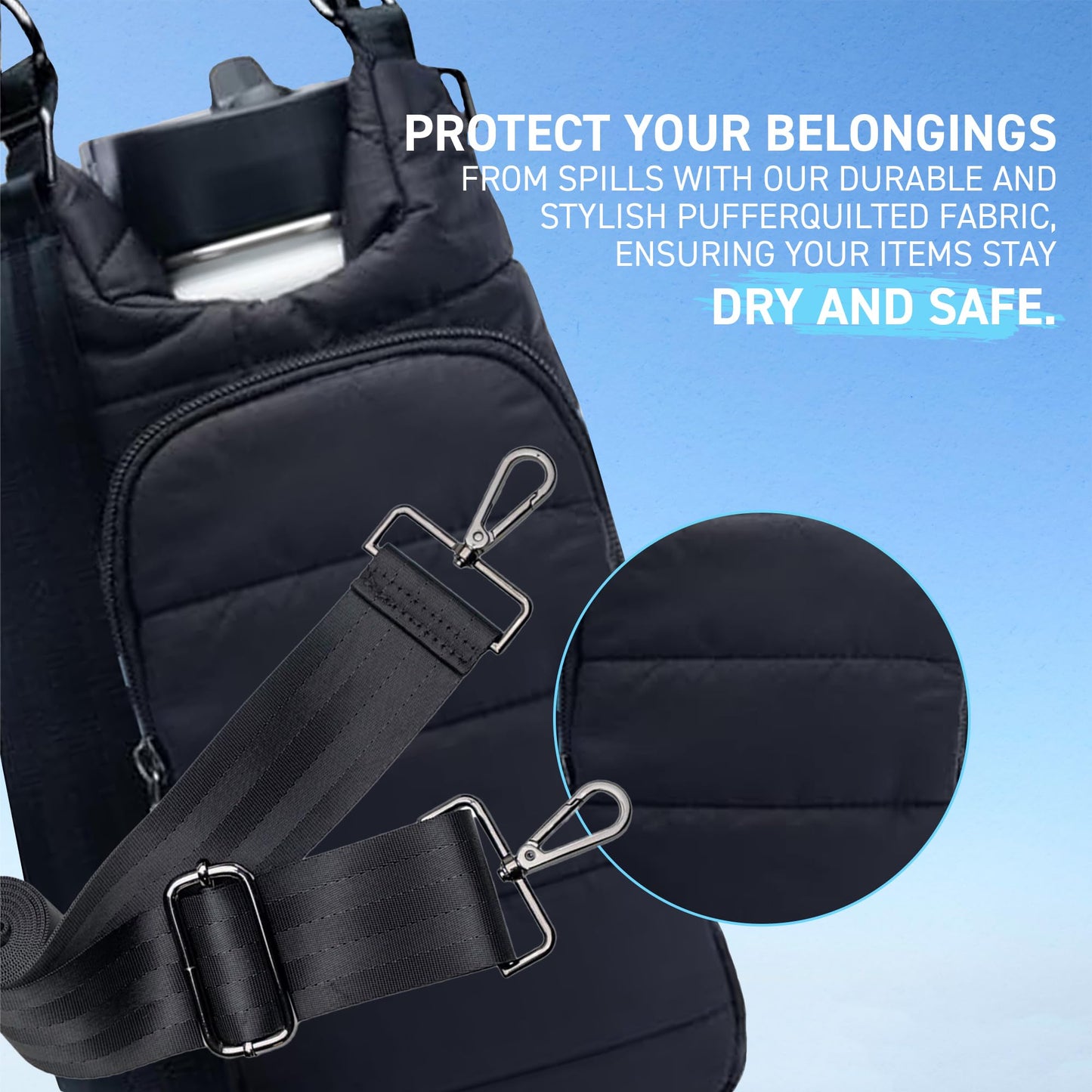 WanderFull Original Crossbody HydroBag | Quilted Water Bottle Carrier | Puffer Tote Tumbler Holder with Pockets for Purse, Phone & Accessories | Carry Travel Essentials (Matte Black/Black Strap)