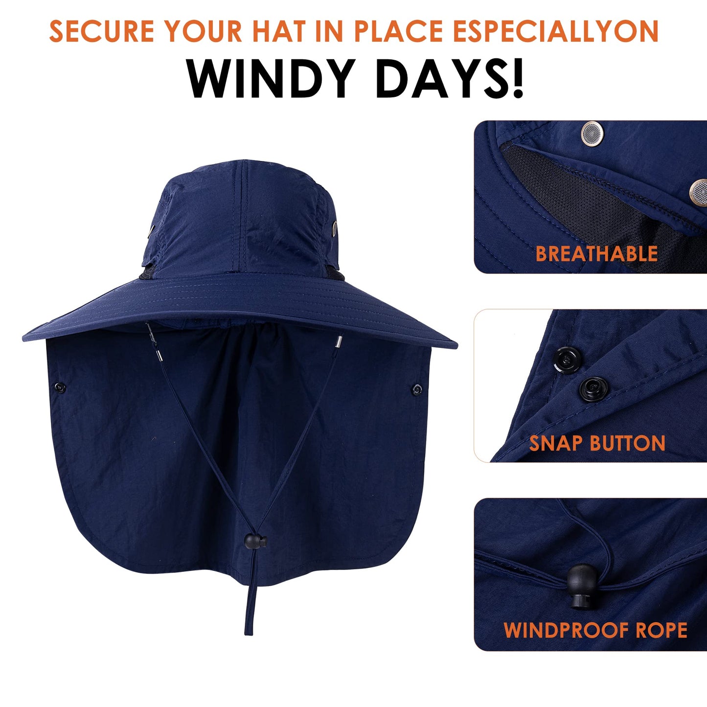 HEEHIPOO Mens Women Fishing Hat UPF 50+ Wide Brim Sun Hat with Face Cover & Neck Flap Navy