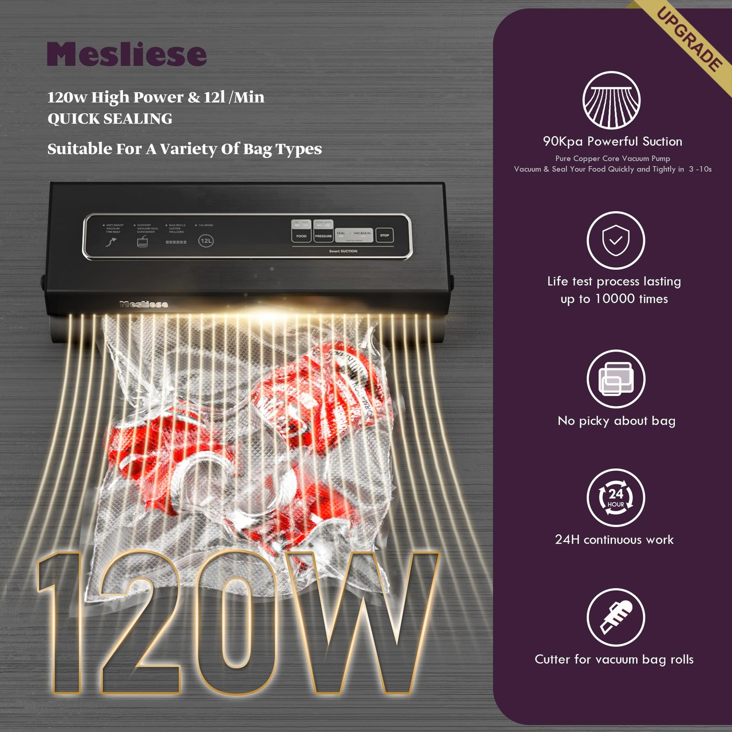 Mesliese Vacuum Sealer Machine Powerful 90Kpa Precision 6-in-1 Compact Food Preservation System with Cutter, 2 Bag Rolls & 5 Pre-cut Bags, Dry&Moist Modes, ETL Listed (Gray)