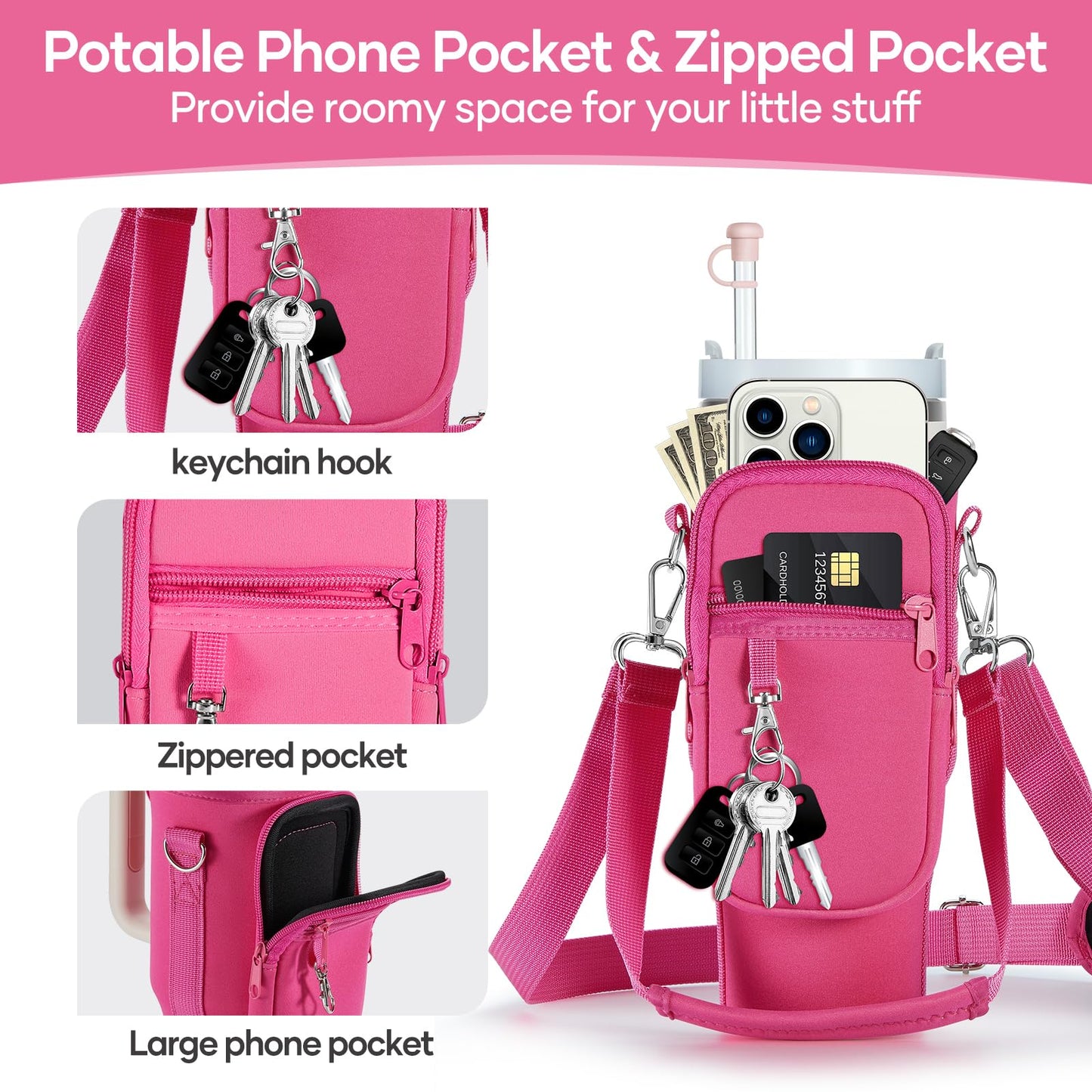 linmaya Water Bottle Carrier Bag with Phone Pocket for Stanley 40/30 oz Tumbler Neoprene Water Bottle Holder Pouch with 2 Adjustable Strap & 3 Leak Stoppers for Stanley Cup Accessories
