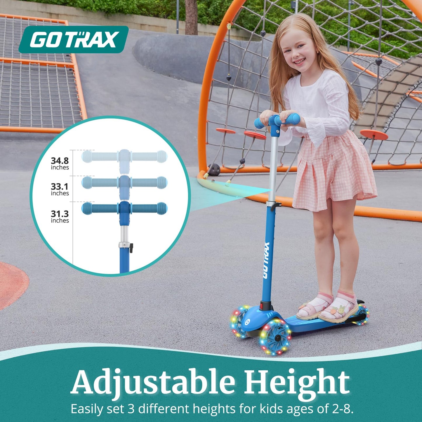 Gotrax KS1 Kids Kick Scooter, LED Lighted Wheels and 3 Adjustable Height Handlebars, Lean-to-Steer & Widen Anti-Slip Deck, 3 Wheel Scooter for Boys & Girls Ages 2-8 and up to 100 Lbs (Blue)