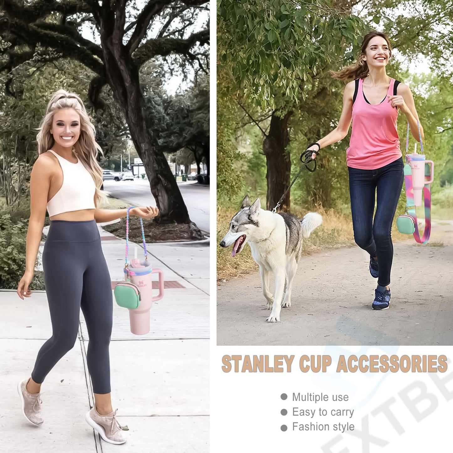 Water Bottle Handle for Stanley Cup Accessories 40 oz, Carrier with Shoulder Strap for Owala/Hydroflask/Simple Modern/Yeti Tumbler, Holder with Wallet for Stanley Cup 30 oz 20 oz