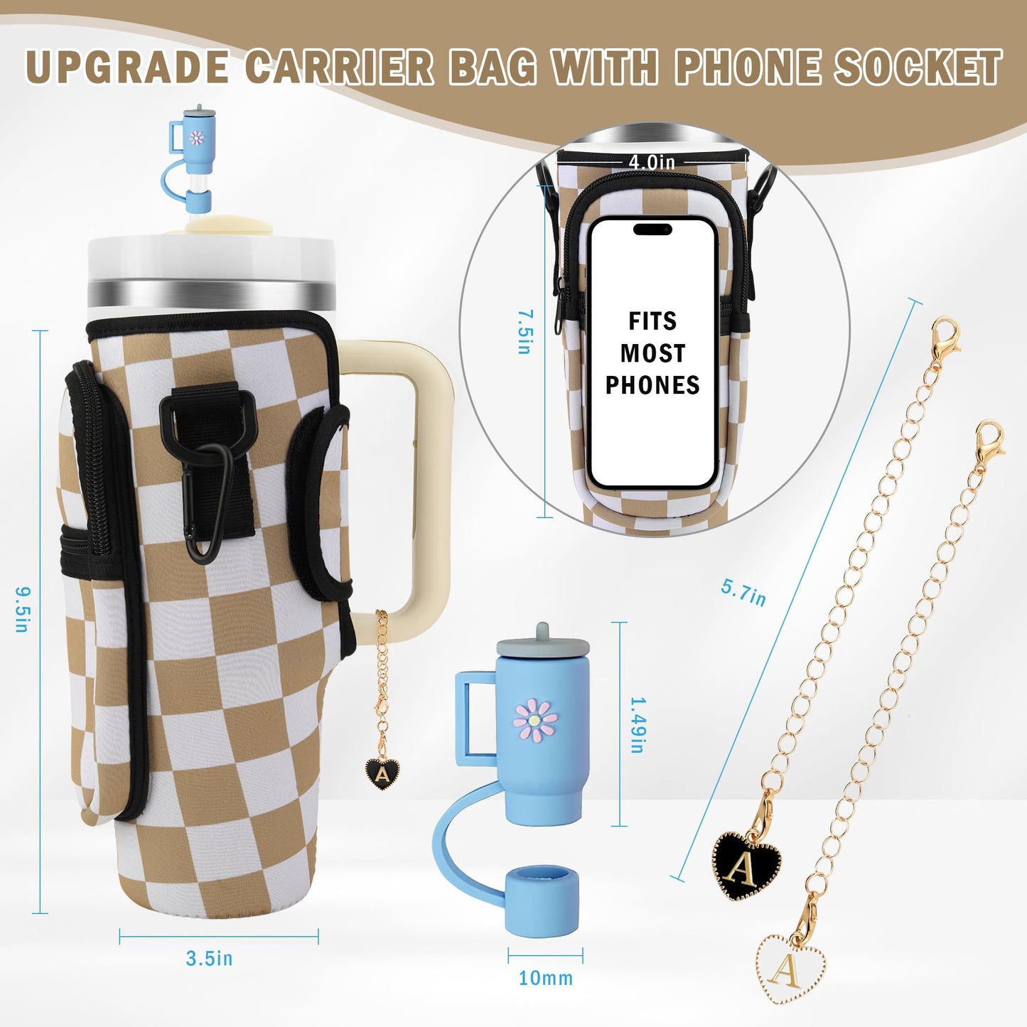 Water Bottle Carrier Bag with Strap for Stanley Cup 40oz Tumbler with Phone Pocket, Keychain Accessories for Stanley Cup Handle, Women Personalized Accessories for Stanley Cup
