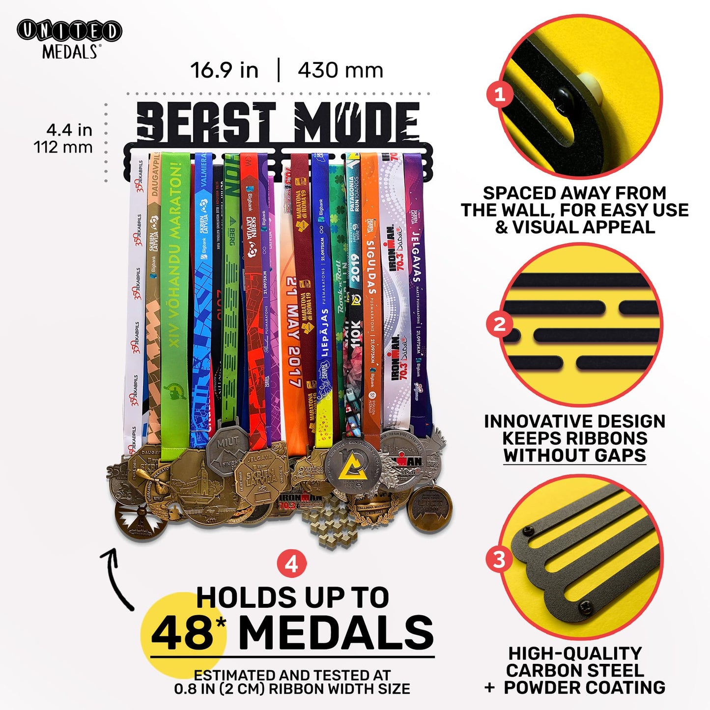 Sports Medal Hanger Display Race Beast Mode | Black Race Medal Holder Awards Wall Mount | Running Marathon Race Medal Display for Wall | Steel Medal Holder for Wall Holds up to 48 Medals