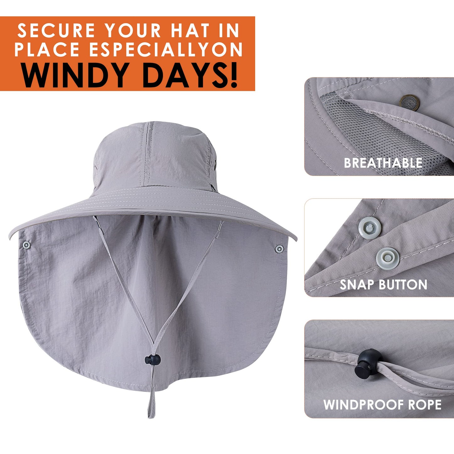 HEEHIPOO Mens Women Fishing Hat UPF 50+ Wide Brim Sun Hat with Face Cover & Neck Flap Grey