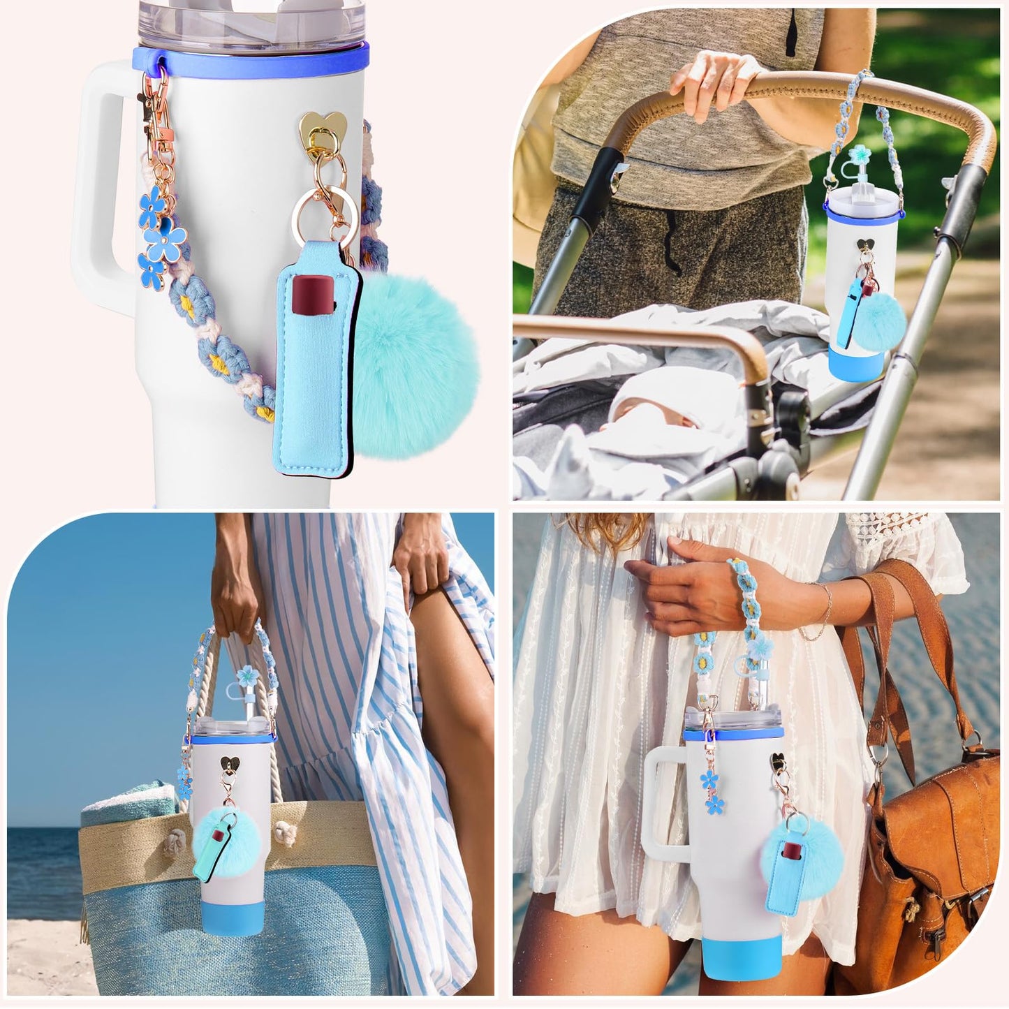 Mity rain Cup Accessories for Stanley Cup 30oz 40oz Tumbler with Handle, Including Water Bottle Handle Strap, Chapstick Holder, Boot, Keychain Charms, Straw Topper Cover Cap for Stanley (Blue)