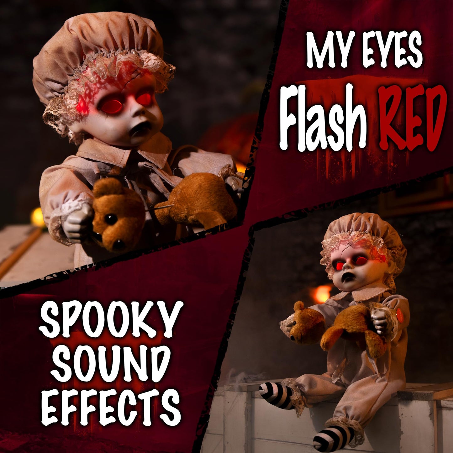 NEYEABL 10" Spirit Animatronic Ghost Boy Doll Halloween Decorations.-Sound Activated,Creepy Sound & Head & Hand Movements,Red Eyes Lit, Haunted House Holiday Props, Halloween Spooky Animations