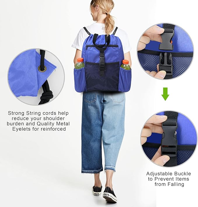 BeeGreen Drawstring Backpack Sports Gym Bag With Shoe Compartment and Two Water Bottle Holder …