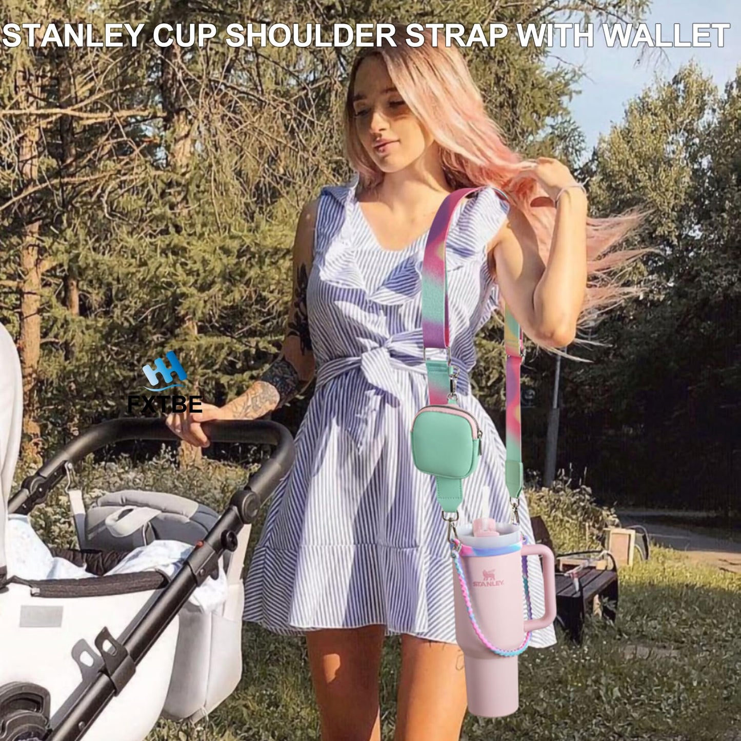 Water Bottle Handle for Stanley Cup Accessories 40 oz, Carrier with Shoulder Strap for Owala/Hydroflask/Simple Modern/Yeti Tumbler, Holder with Wallet for Stanley Cup 30 oz 20 oz