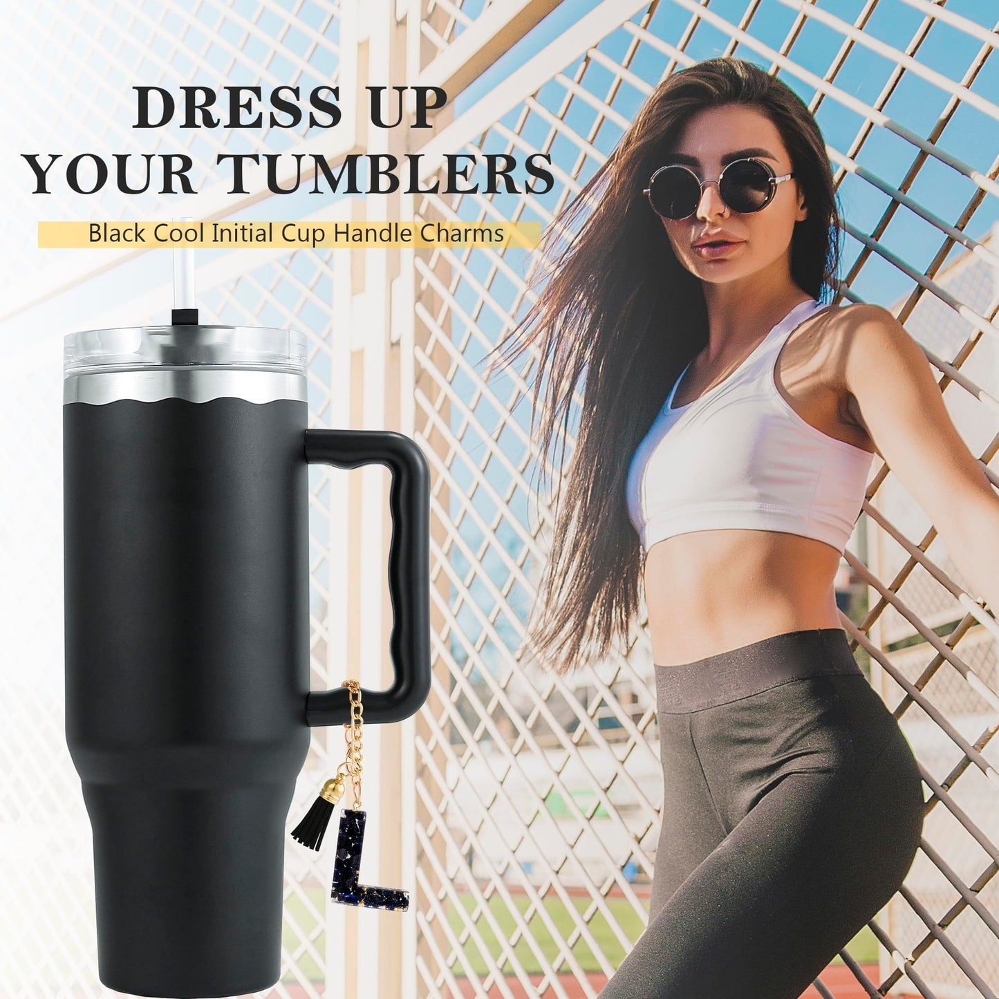 Letter Charm Accessories for Stanley Cup 1 PCS Cute Initial Keychain Handle Charm for Stanley Tumbler for Women Black Letter L