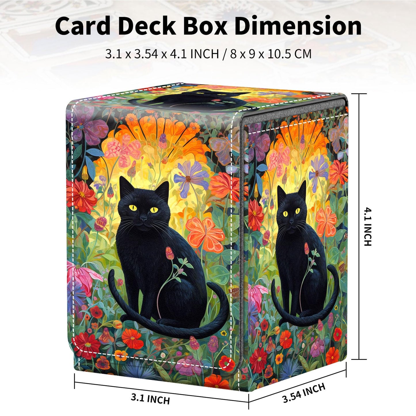 Qindaiwen Card Deck Box for Trading Cards, MTG Deck Box Fits 100+ Single Sleeved Cards, PU Leather Strong Magnet Card Deck Case Holder for Magic Commander TCG CCG, Cat Floral