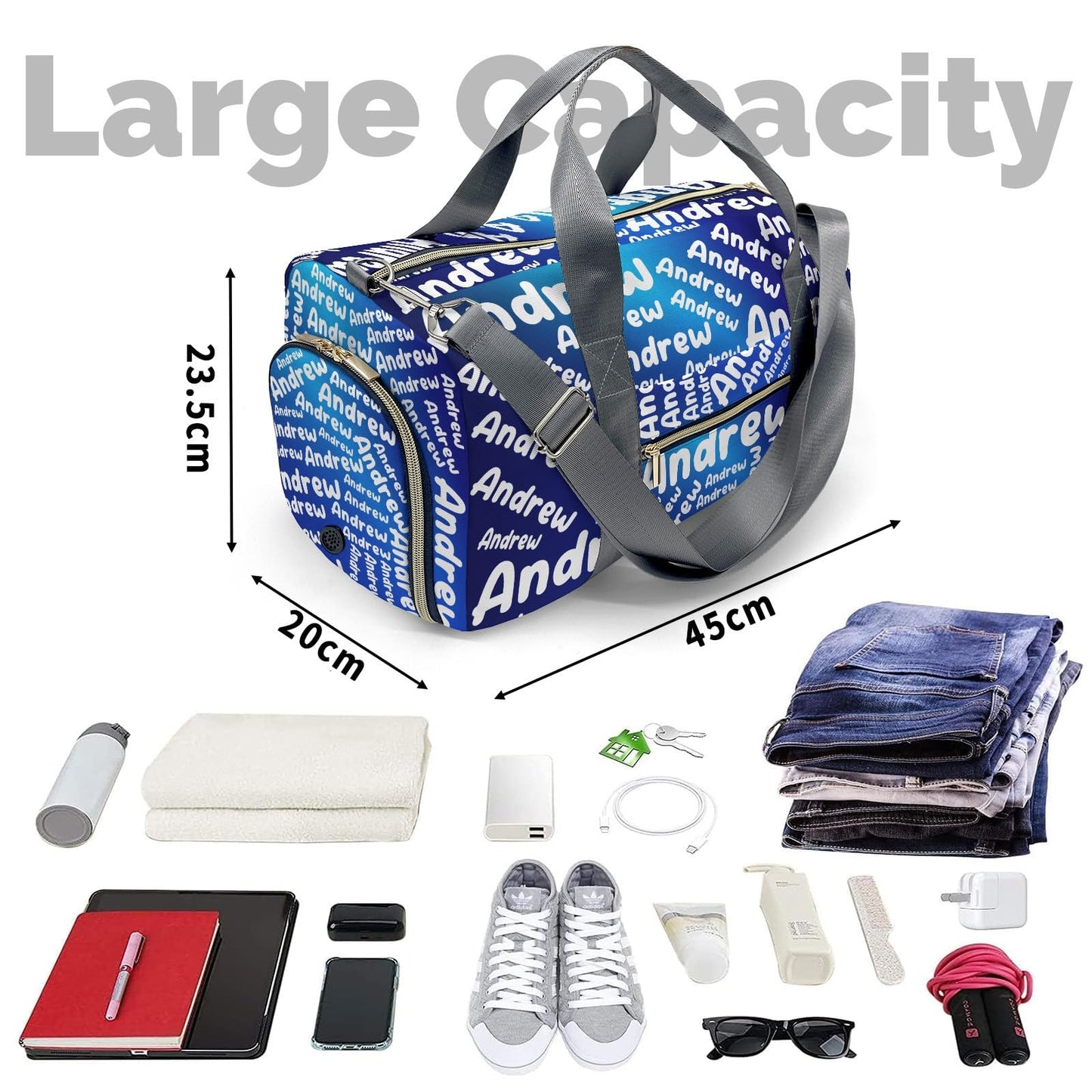 Personalized Sports Gym Bag Weekender Overnight Bags Blue Gradient Customized Travel Duffel Bag with Name Waterproof Luggage Bag for Women