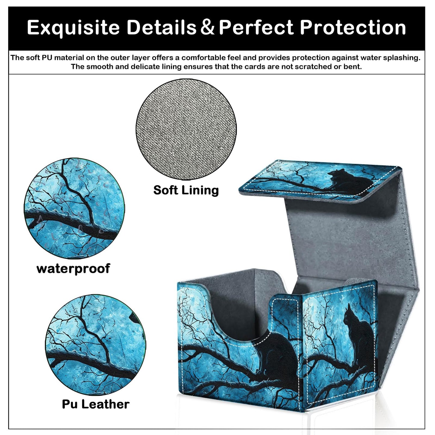 CAPAUNVDA Card Deck Box for MTG Trading Cards with Magnetic Closure,Premium Card Storage Box Case Cover for TCG CCG Magic Cards,Black Cat on Tree