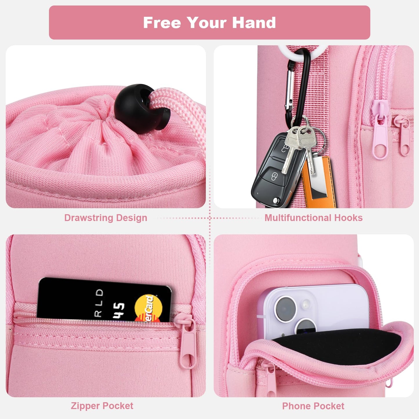 Bstge Water Bottle Holder with Strap, Water Bottle Carrier Bag with Phone Pocket, Shoulder Hand Strap Insulated Neoprene 32 oz Water Bottle Sleeve for Walking Hiking Camping Gym(Pink)