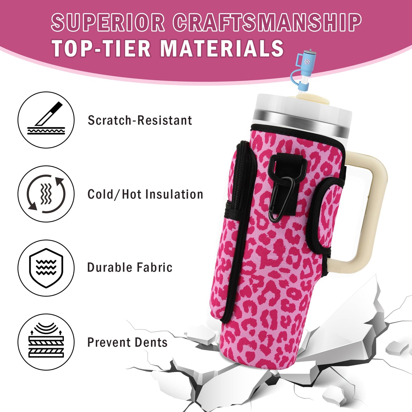 Water Bottle Carrier Bag with Strap for Stanley Cup 40oz Tumbler with Phone Pocket, Keychain Accessories for Stanley Cup Handle, Women Personalized Accessories for Stanley Cup