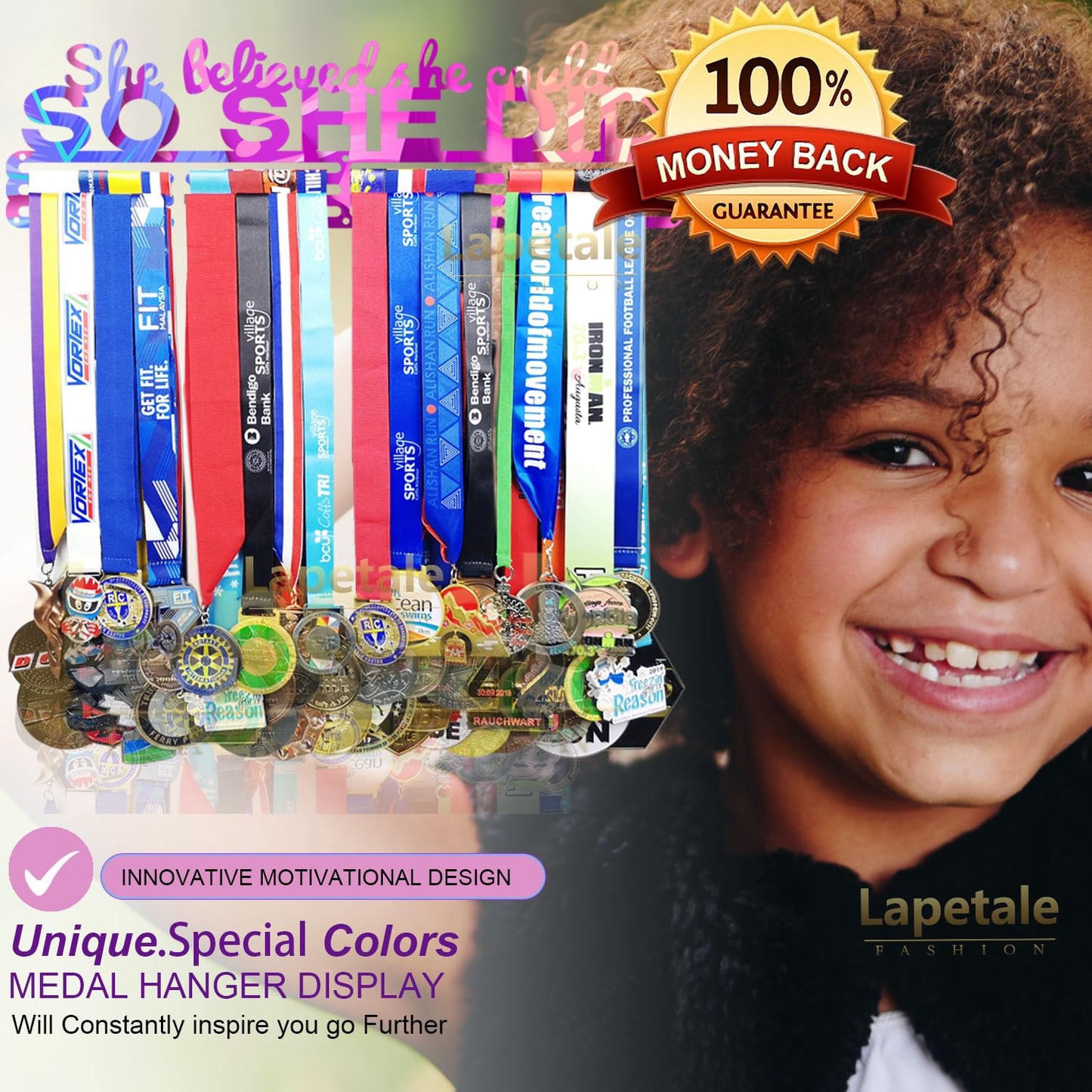 Lapetale Fashion Medal Hanger Holder Display Wall Rack Frame Shelf in 16" long-Medal Hanger Awards Ribbon Cheer,gymnastics,soccer,softball Holder Display Custom Rack for Sports Medals Easy to Install