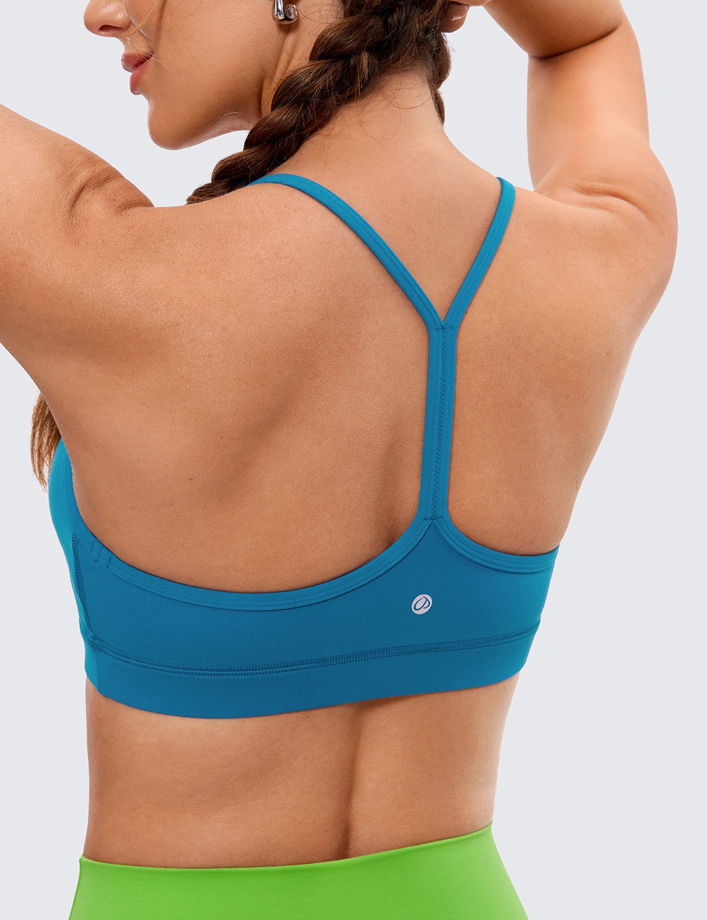 CRZ YOGA Butterluxe Womens Y Back Sports Bra - Padded Racerback Low impact Spaghetti Thin Strap Workout Yoga Bra Super-sonic Blue X-Small
