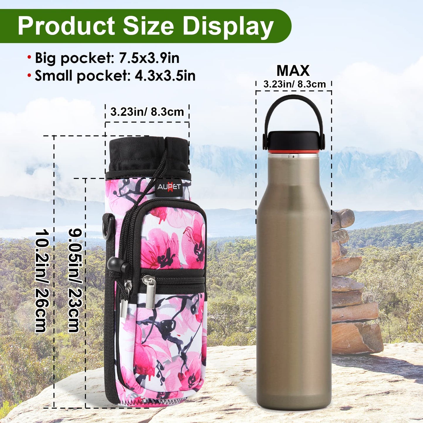 AUPET Water Bottle Sling Bag Sleeve Holder Carrier 25/32/40/64 oz,Insulated Crossbody Water Bottle Case Cover with Strap and Pockets for Men/Women Walking Hiking Camping (25oz, pink flower)