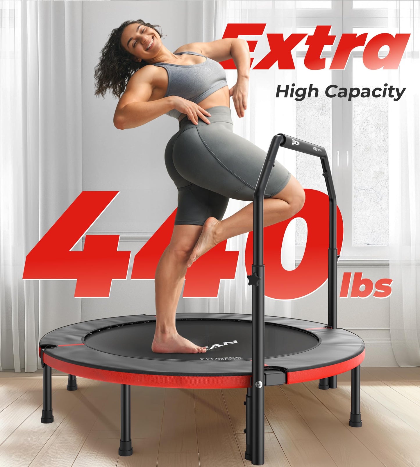 BCAN 40"/48" Foldable Mini Trampoline, Rebounder Trampoline for Adults, U/T Shape Adjustable Foam Handle, Exercise Rebounder for Kids Adults Indoor/Garden Workout, Max Load 330lbs/440lbs