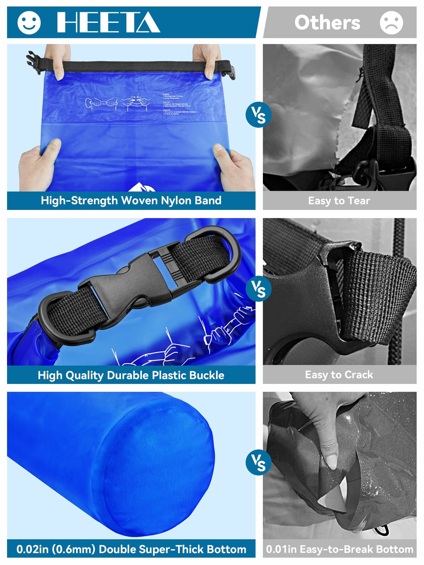 HEETA Waterproof Dry Bag for Women Men, 5L/10L/20L/30L/40L Roll Top Lightweight Dry Storage Bag Backpack with Phone Case for Travel, Swimming, Boating, Kayaking, Camping and Beach (Navy Blue, 5L)