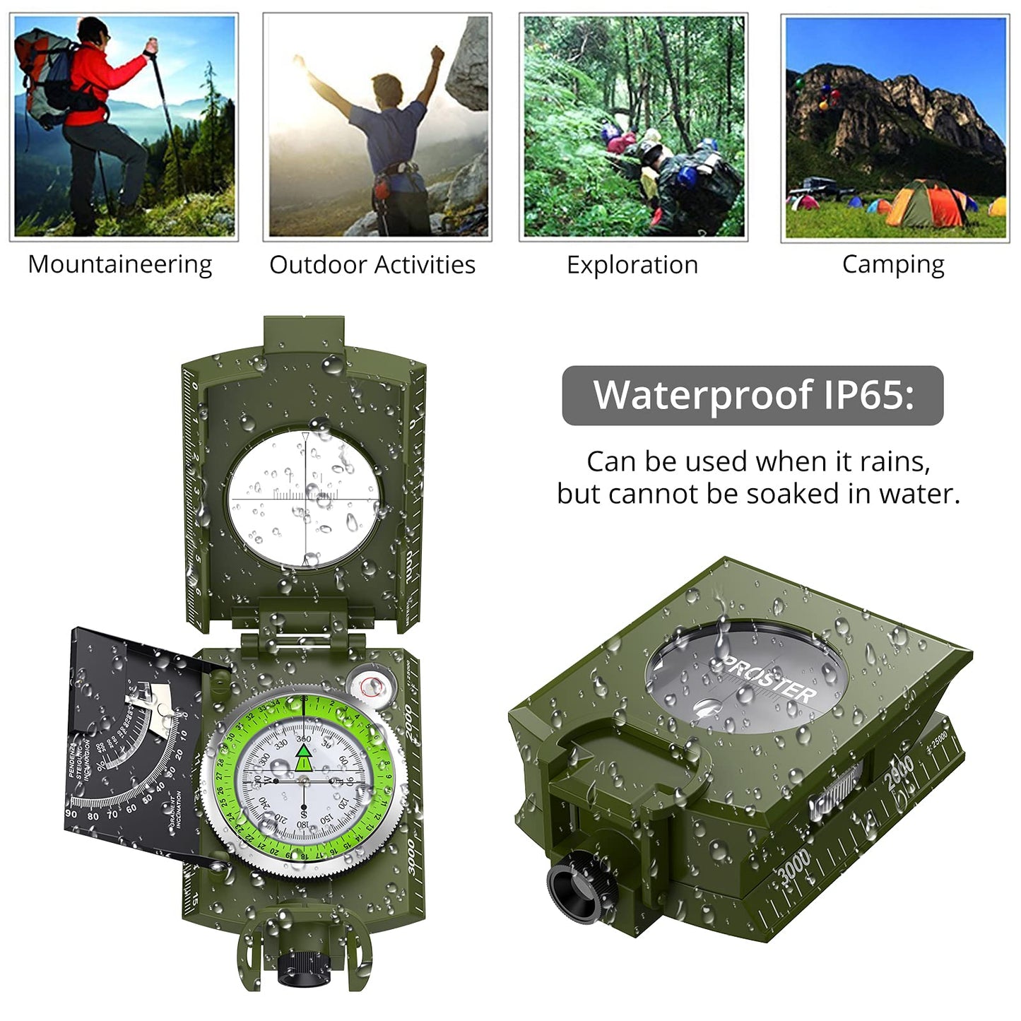 Proster IP65 Hiking Compass Waterproof Compass - Metal Compass Camping Compass with Sighting Clinometer with Carry Bag for Camping Hunting Hiking Geology Activities