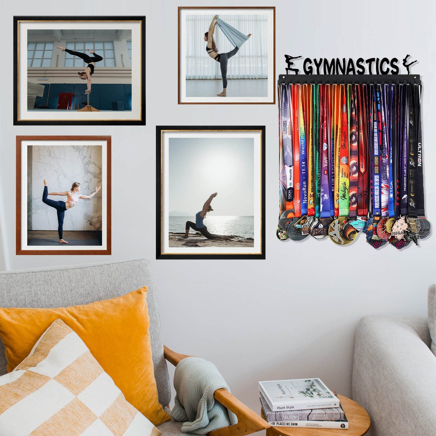 Goutoports Medal Wall Hanger Display - Gymnastics Girls - Award Plaques Rack for Sports - Black Steel Metal Holder With 20 Hooks Hold Up 60 Medals Easy to Install