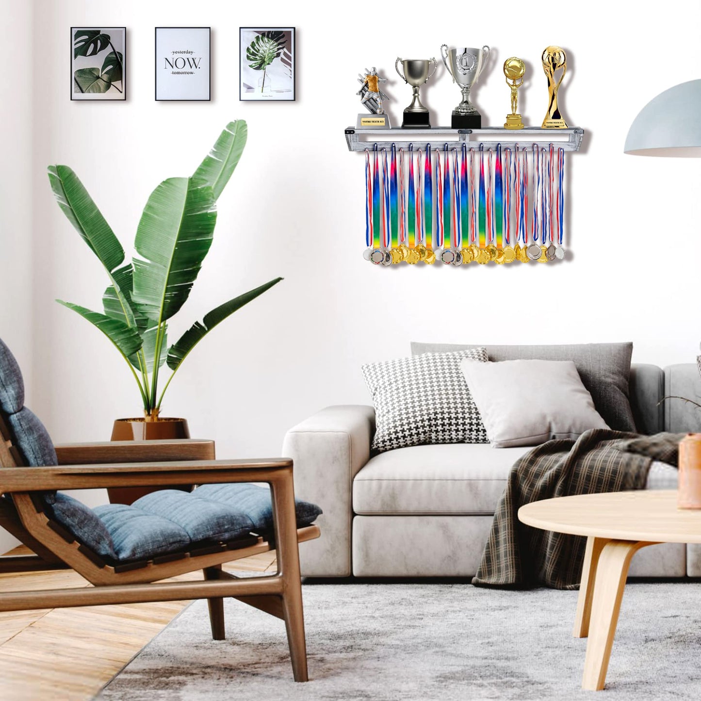 LAVIEVERT Gymnastic Medal Hanger with Storage Shelf, Wooden Wall-Mounted Trophy Shelf, Race Medal Display Rack Holder with 23 Hanging Bars - White