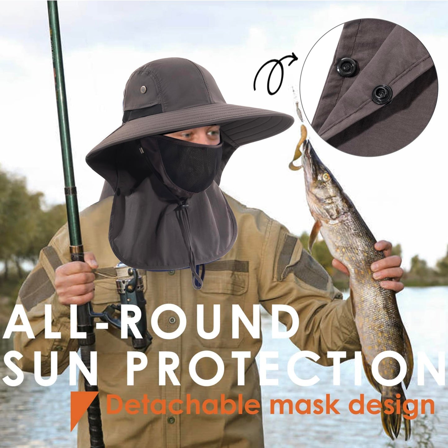 HEEHIPOO Mens Women Fishing Hat UPF 50+ Wide Brim Sun Hat with Face Cover & Neck Flap Dark Gray