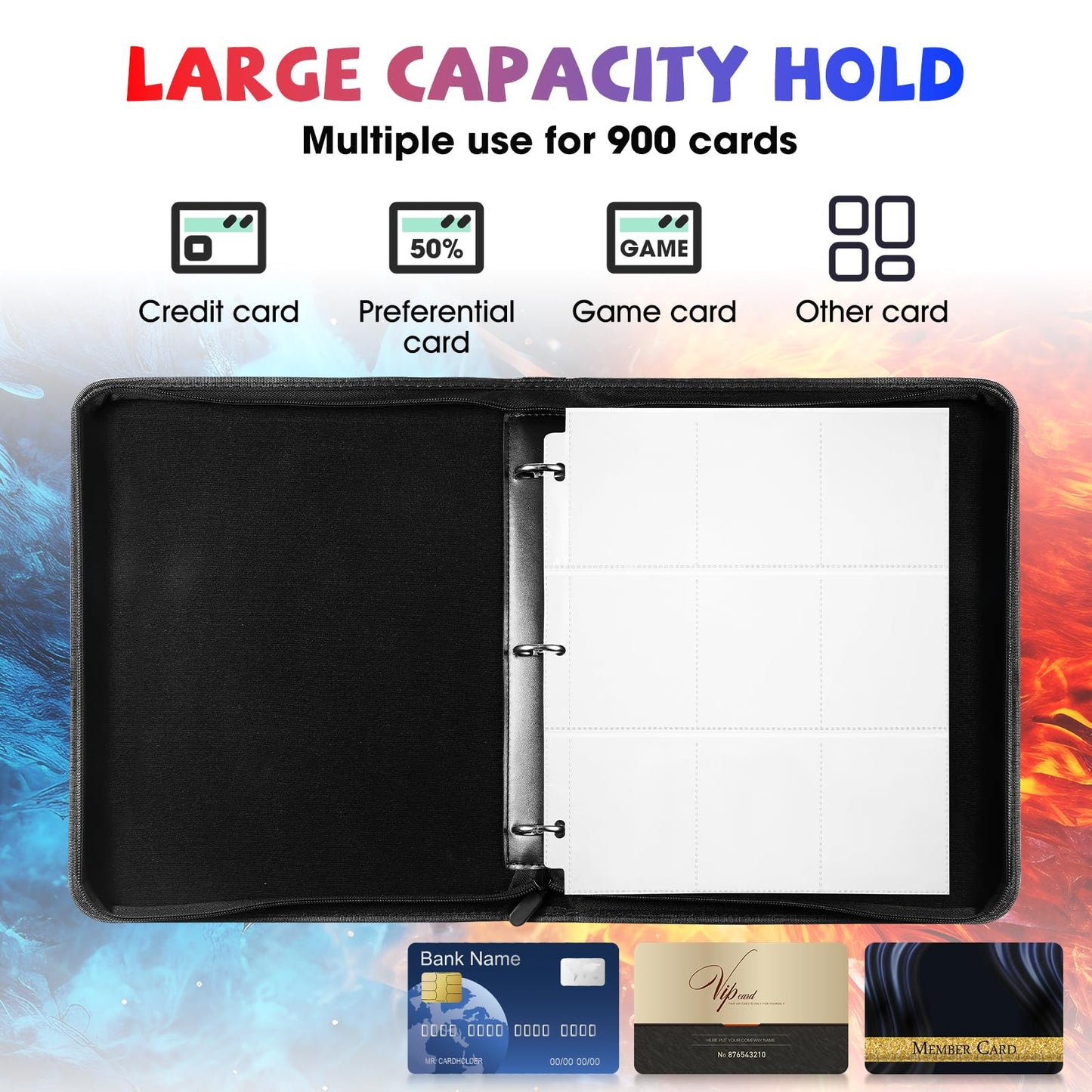 Trading Card Binder with Removable Sleeves, 3-Ring Card Holder with Zipper, Carrying Case Binder Album, Book Folder Storage Organizer (9 pocket with 900 cards)