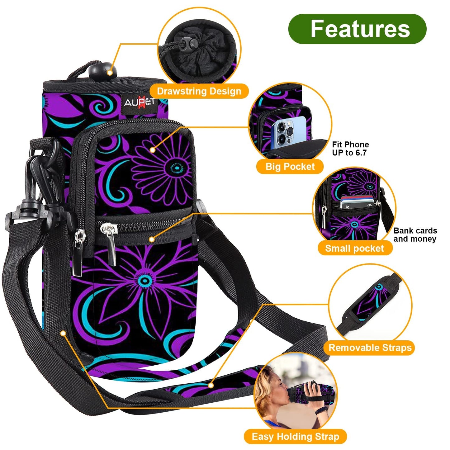 AUPET Water Bottle Holder Sling Carrier Bag Sleeve 25/32/40/64 oz,Insulated Crossbody Water Bottle Case Cover with Strap and Pockets for Men/Women Walking Hiking Camping (25oz,purple flower)