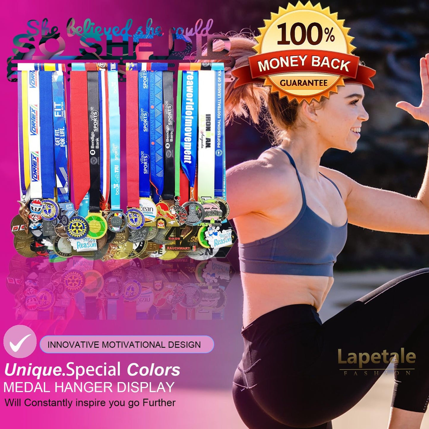 Lapetale Fashion Medal Hanger Holder Display Wall Rack Frame Shelf in 16" Long-Medal Hanger Awards Ribbon Cheer,Gymnastics,Soccer,Softball Holder Display Custom Rack for Sports Medals Easy to Install
