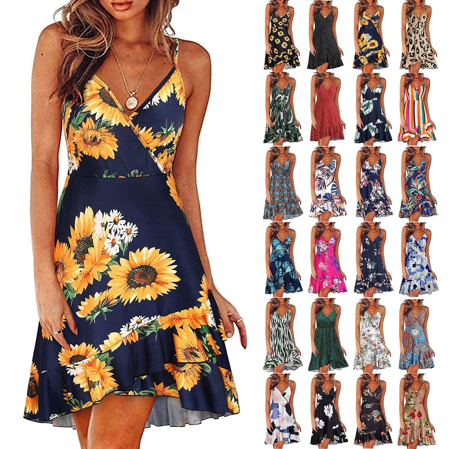 HINDOLA Women's Summer Dresses 2024 Spring Floral V Neck Adjustable Spaghetti Casual Flowy Beach Wrap Dress Sun Dresses B/Blue