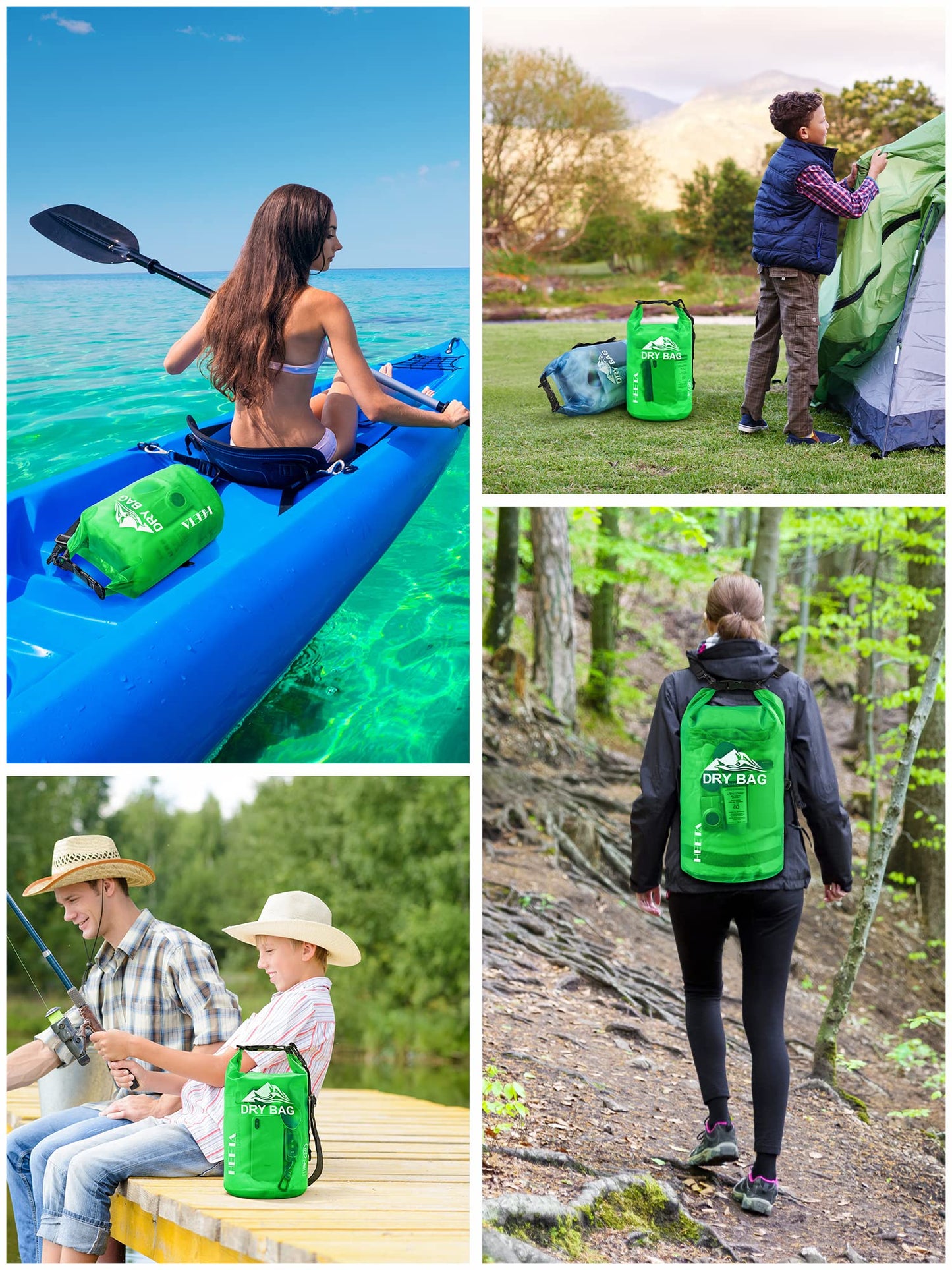 HEETA Waterproof Dry Bag for Women Men, Roll Top Lightweight Dry Storage Bag Backpack with Phone Case for Travel, Swimming, Boating, Kayaking, Camping and Beach, Transparent Green 5L