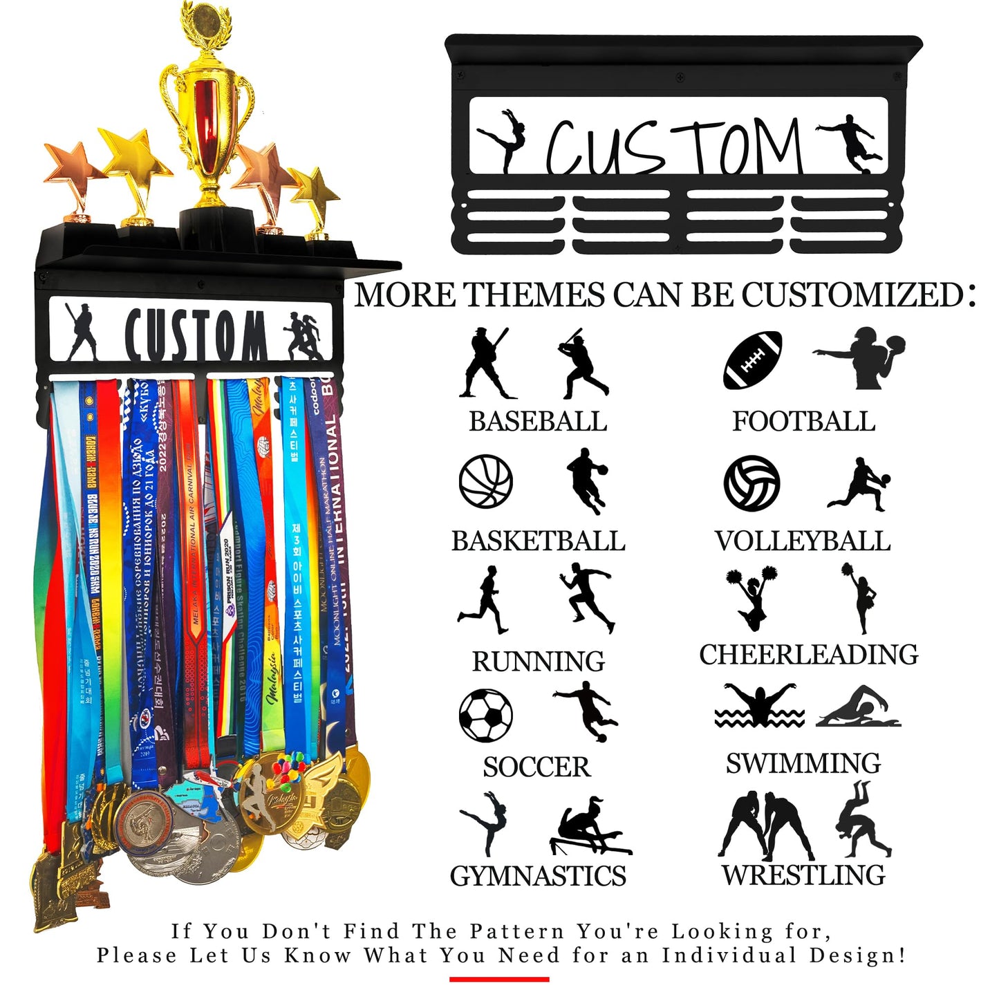 Goutoports Personalized Baseball Medal Hanger with Name Sport Medal Holder Display Rack for Awards Ribbons - Custom Metal Holder - Holds Up to 60 Medals - Birthday for Athlete Boys Girls