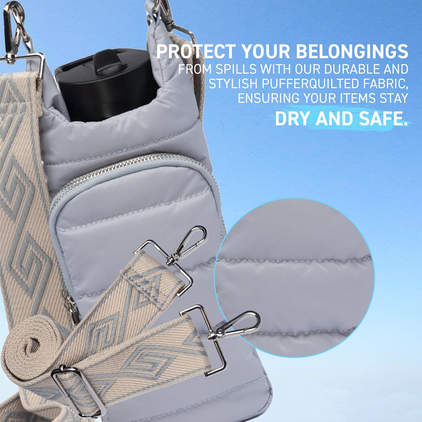 WanderFull Original Crossbody HydroBag | Quilted Water Bottle Carrier | Puffer Tote Tumbler Holder with Pockets for Purse, Phone & Accessories | Carry Travel Essentials (Grey/Patterned Strap)