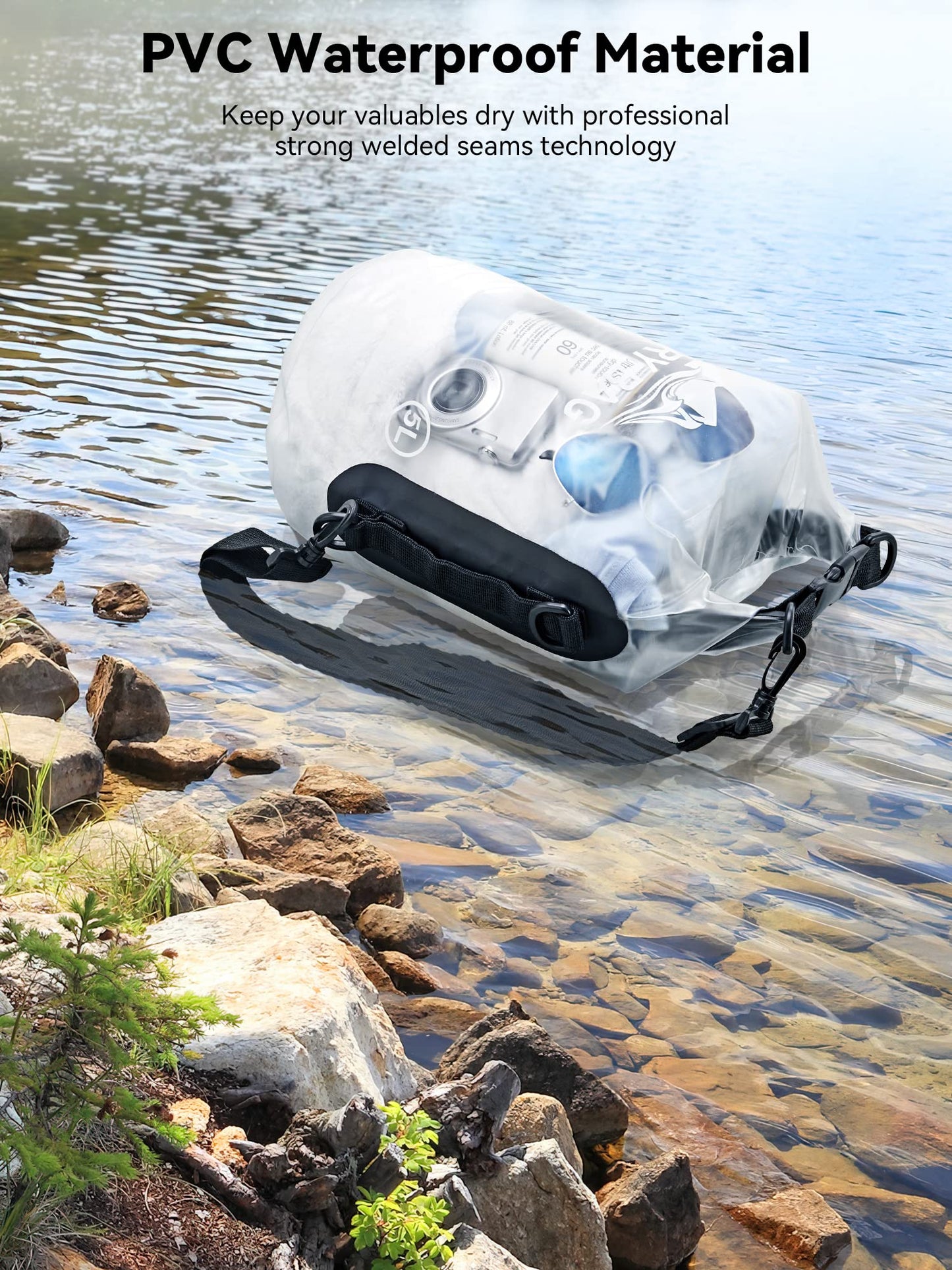 HEETA Waterproof Dry Bag for Women Men, Roll Top Lightweight Dry Storage Bag Backpack with Phone Case for Travel, Swimming, Boating, Kayaking, Camping and Beach, Transparent White 5L