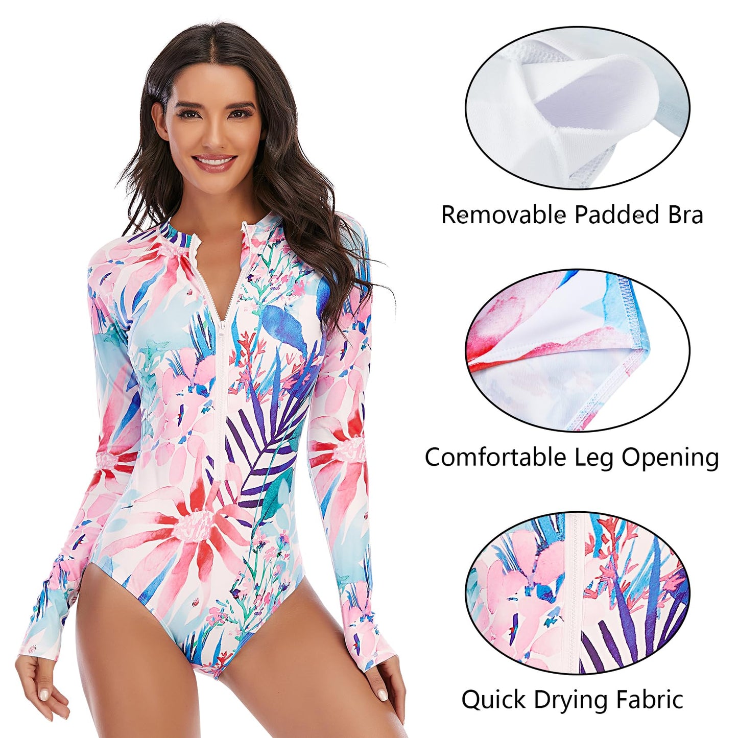 Century Star Long Sleeve Swimsuits for Women 2024 Rash Guard UPF 50+ One Piece Surfing Modest Full Coverage Zipper High Neck Cute Athletic Sporty Bathing Suit Swimwear Pink Leaves 4-6