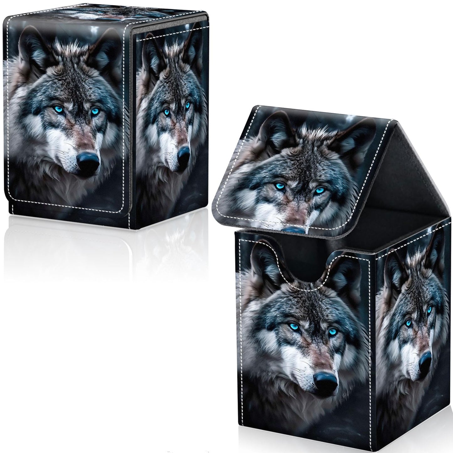 Qindaiwen Card Deck Box for Trading Cards, MTG Deck Box Fits 100+ Single Sleeved Cards, PU Leather Strong Magnet Card Deck Case Holder for Magic Commander TCG CCG, Wolf's Gaze
