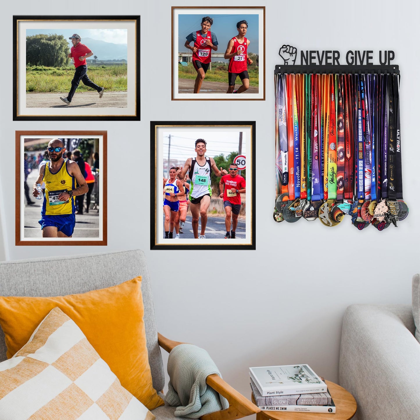 Goutoports Medal Hanger Display Rack - Never Give Up Sports Award Ribbon Hanger with 20 Hooks Hold Up 60 Medals - Durable Metal Holder for Running Showcase and Protect Your Medals in Style