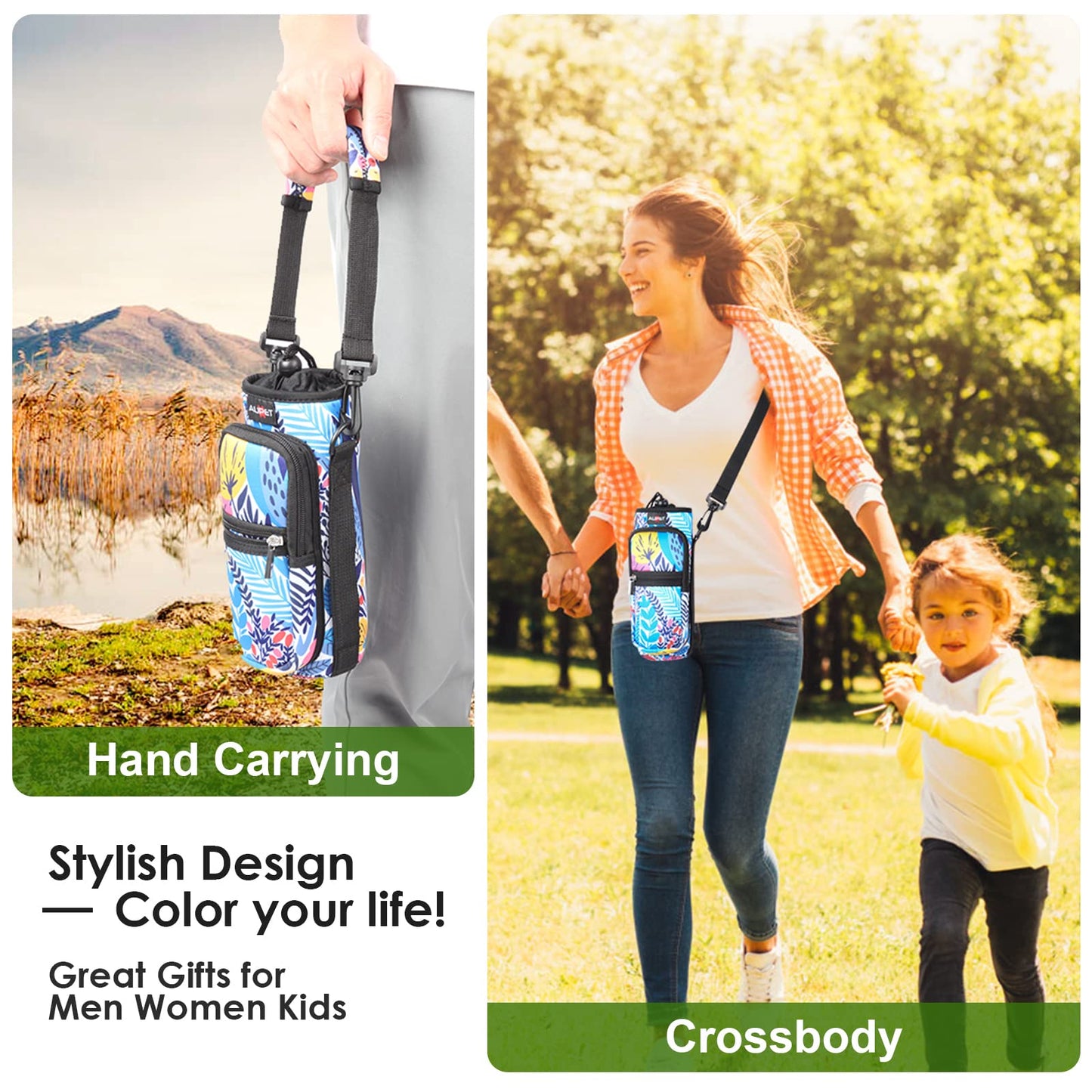 AUPET Water Bottle Sling Bag Sleeve Holder Carrier 25/32/40/64 oz,Insulated Crossbody Water Bottle Case Cover with Strap and Pockets for Men/Women Walking Hiking Camping (25oz, blue orange flower)