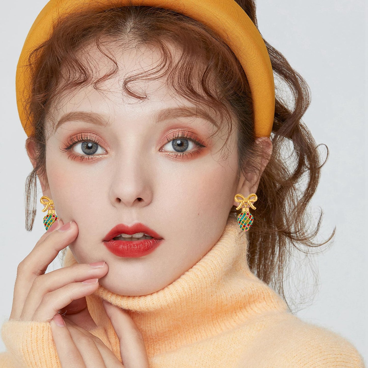 CUFELMU Christmas Earrings for Women Colorful Rhinestones Bow Light Bulb Earrings