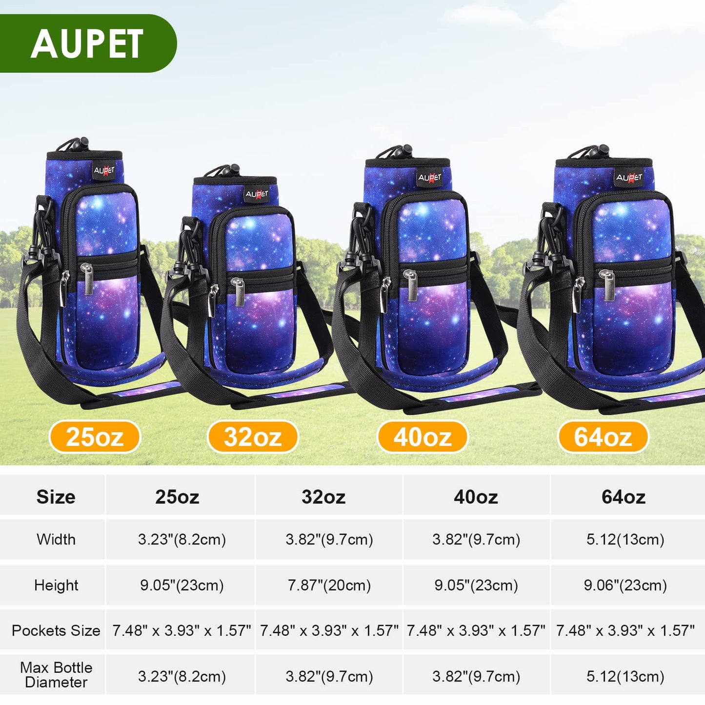 AUPET Water Bottle Sling Bag Sleeve Holder Carrier 25/32/40/64 oz,Insulated Crossbody Water Bottle Case Cover with Strap and Pockets for Men/Women Walking Hiking Camping (25oz, purple starry sky)
