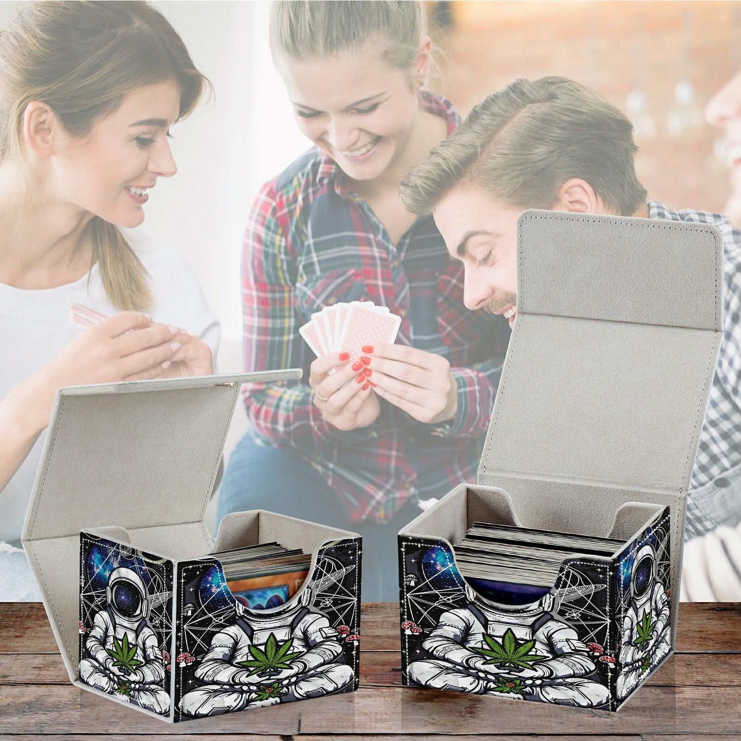 RWUTYTIUL Card Deck Box for MTG Cards, Card Storage Box Fits 100+ Sleeved Cards, PU Leather Large Size Strong Magnet Card Deck Case Holder for Board Game Magic MTG TCG CCG, Planet Man