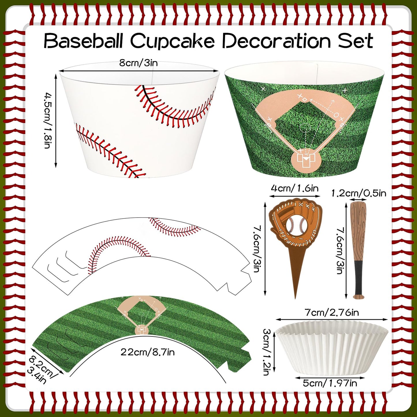 Geiserailie 100 Sets Baseball Cupcake Toppers and Wrappers Liners Baseball Party Decorations Sport Party Cake Supplies for Sport Themed Birthday Baby Shower Decorations Supplies