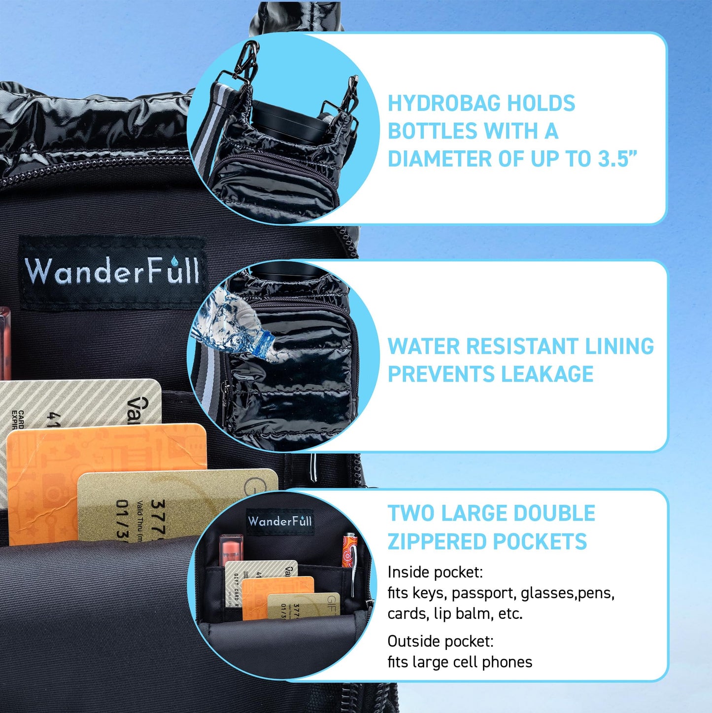 WanderFull Original Crossbody HydroBag | Quilted Water Bottle Carrier | Puffer Tote Tumbler Holder with Pockets for Phone & Accessories | Carry Travel Essentials (Black Glossy/Grey Striped Strap)