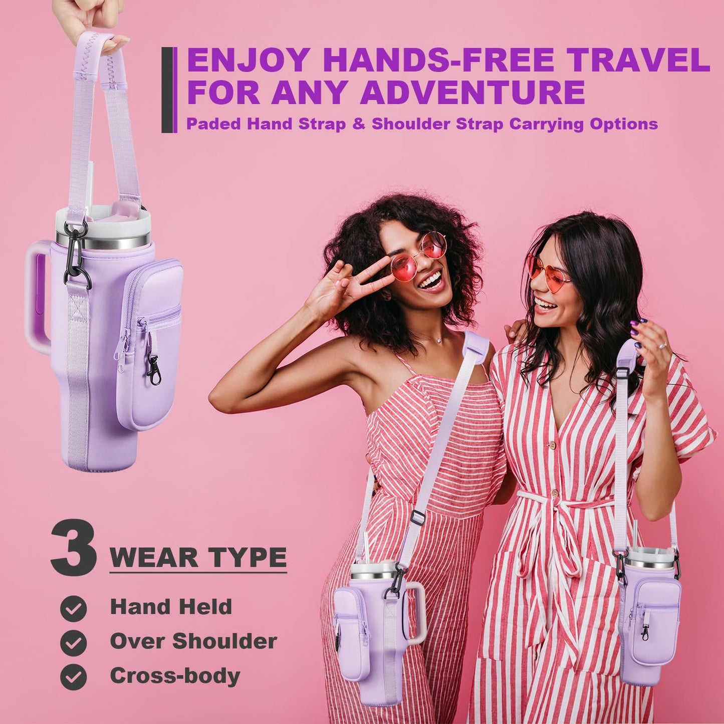 BULKITEM 30oz Water Bottle Carrier Bag with Phone Pocket for Purple Stanley 30 oz Tumbler with Handle, Purple Insulated Neoprene Cup Holder Pouch Strap for Orchid Stanley Cup Accessories