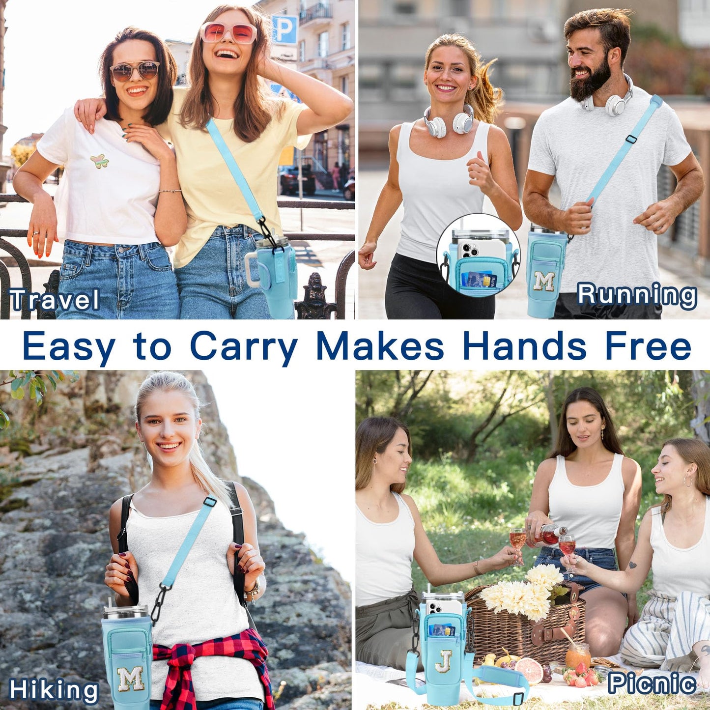 Aganmi Initial Water Bottle Carrier Bag with Phone Pocket for Stanley 40Oz Cup Accessories,Water Bottle Holder with Shoulder Strap Mothers Day Birthday Gifts for Women Mom Teacher Friend (Blue S)