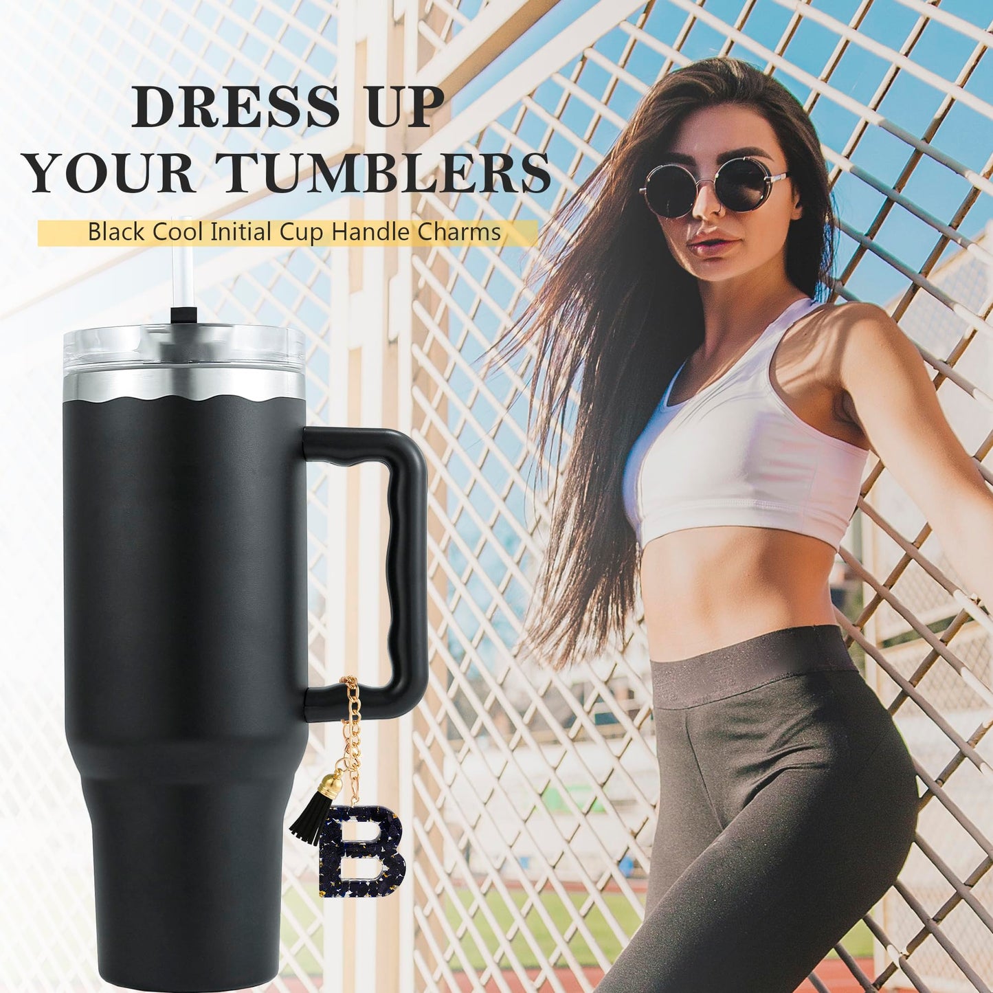 Letter Charm Accessories for Stanley Cup 1 PCS Cute Initial Keychain Handle Charm for Stanley Tumbler for Women Black Letter B