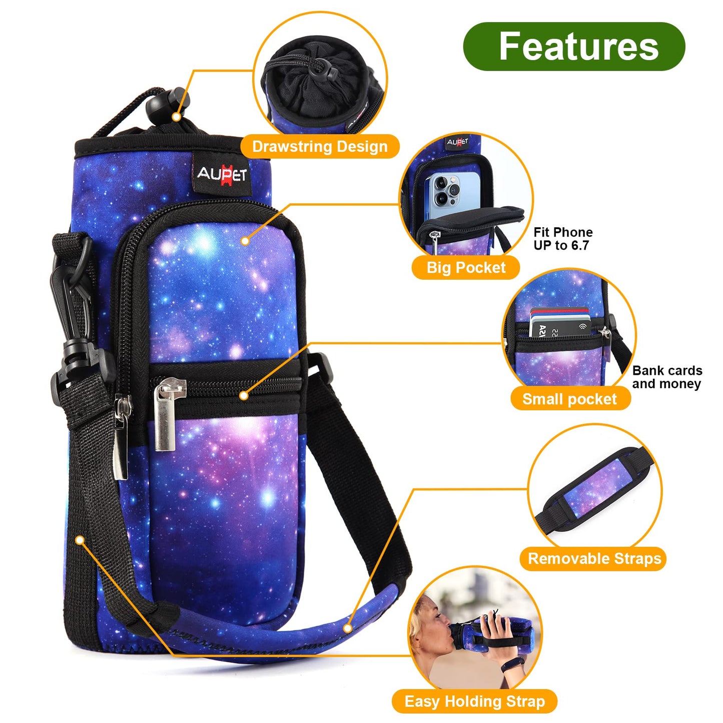 AUPET Water Bottle Sling Bag Sleeve Holder Carrier 25/32/40/64 oz,Insulated Crossbody Water Bottle Case Cover with Strap and Pockets for Men/Women Walking Hiking Camping (25oz, purple starry sky)