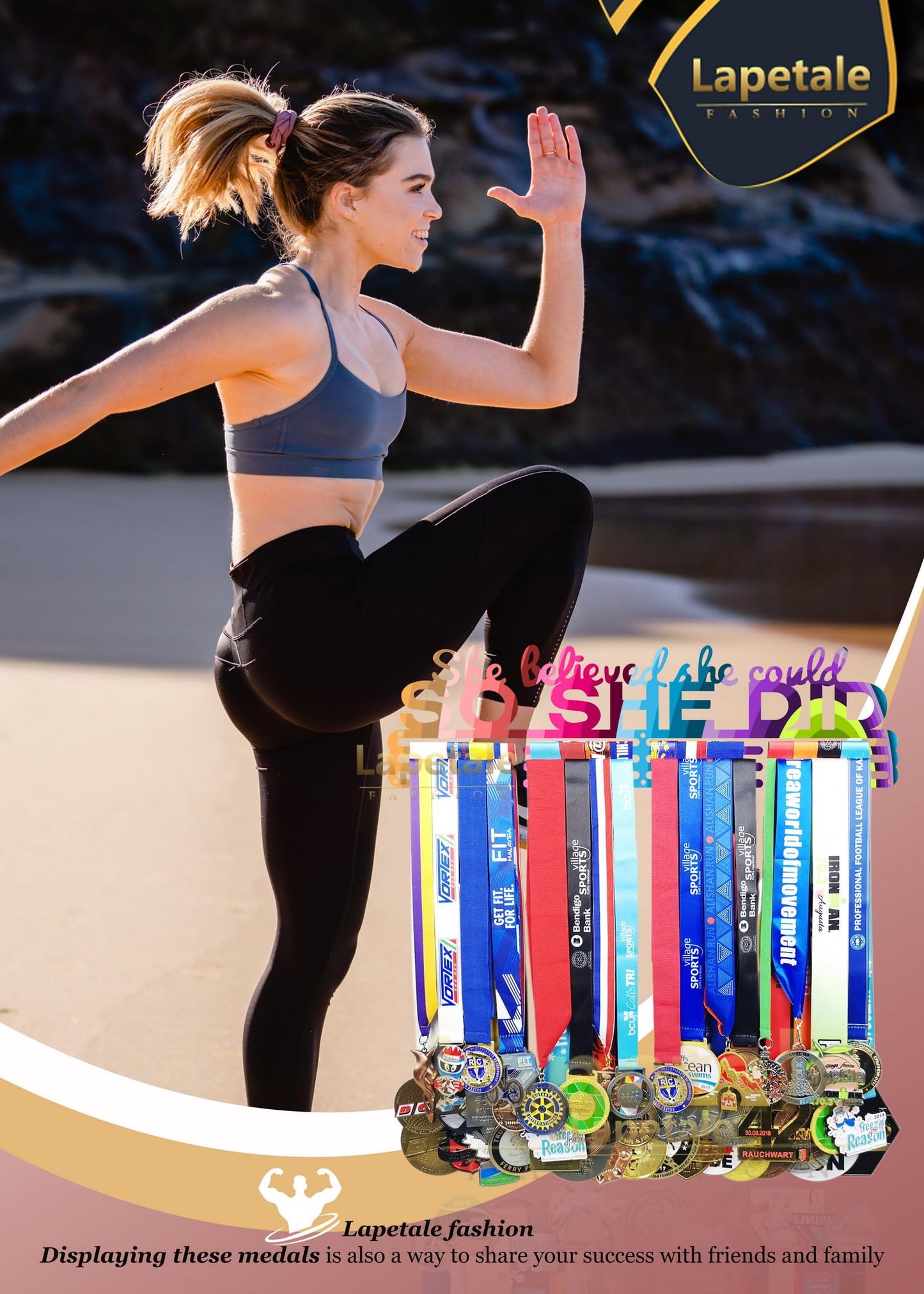Lapetale Fashion Medal Hanger Holder Display Wall Rack Frame Shelf in 16" long-Medal Hanger Awards Ribbon Cheer,gymnastics,soccer,softball Holder Display Custom Rack for Sports Medals Easy to Install